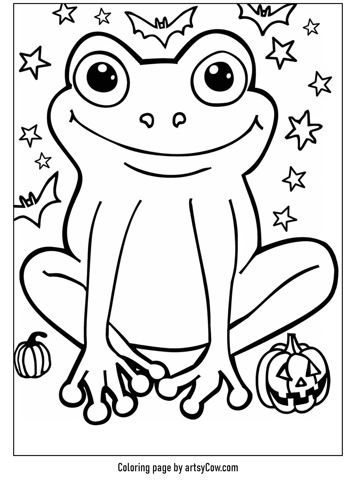 a smiling frog surrounded by bats and stars